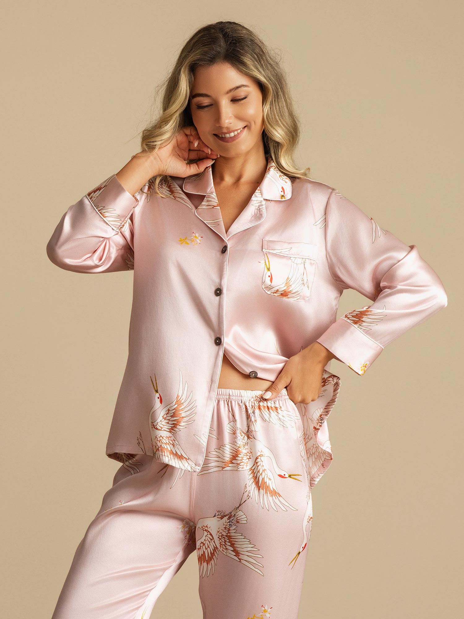 19Momme Women's Pure Silk Crane Print Long Sleeve Pajamas Set
