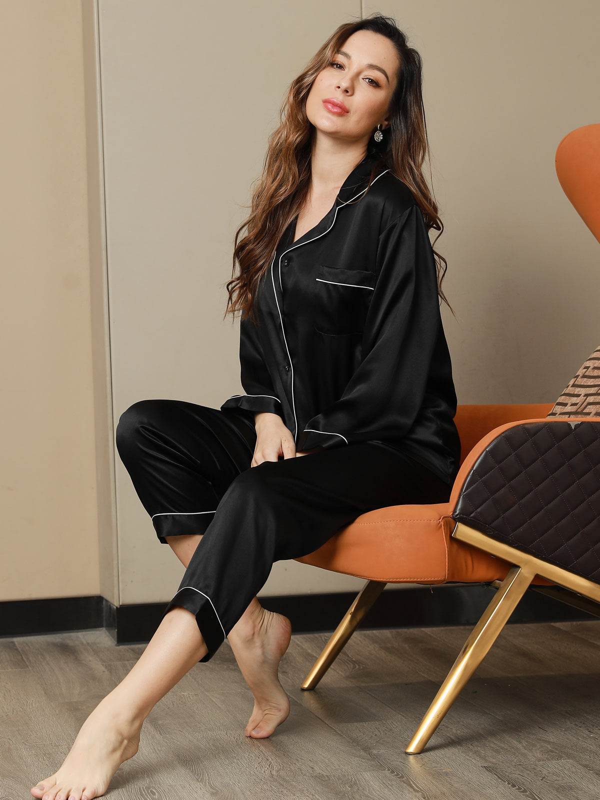 Women's Pure Silk Long Sleeve Notch Collar Pajamas Set