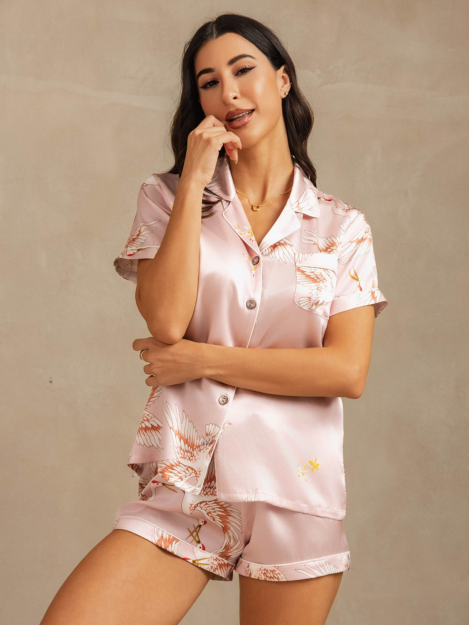 19Momme Women's Pure Silk Crane Print Short Sleeve Pajamas Set