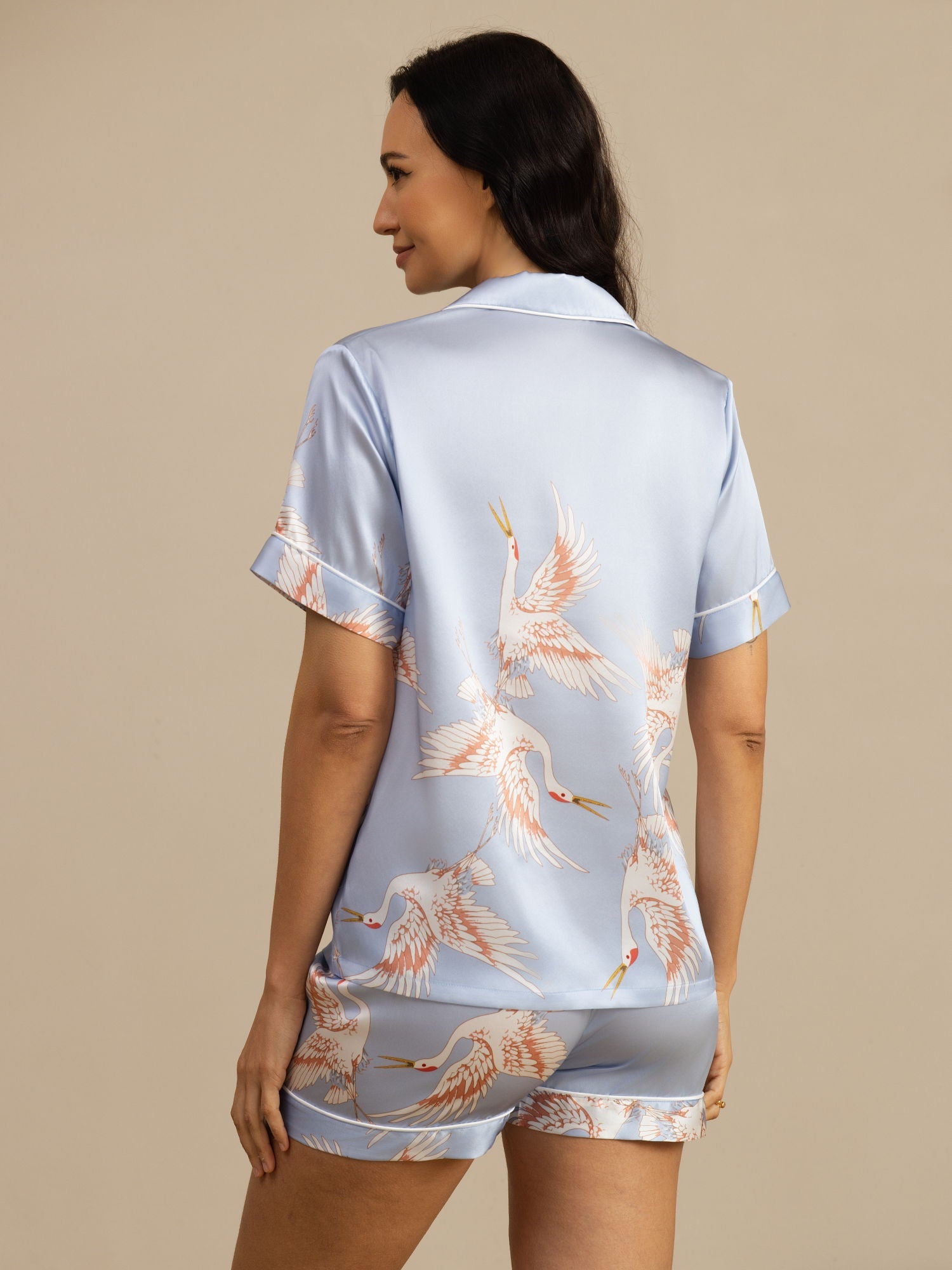 19Momme Women's Pure Silk Crane Print Short Sleeve Pajamas Set