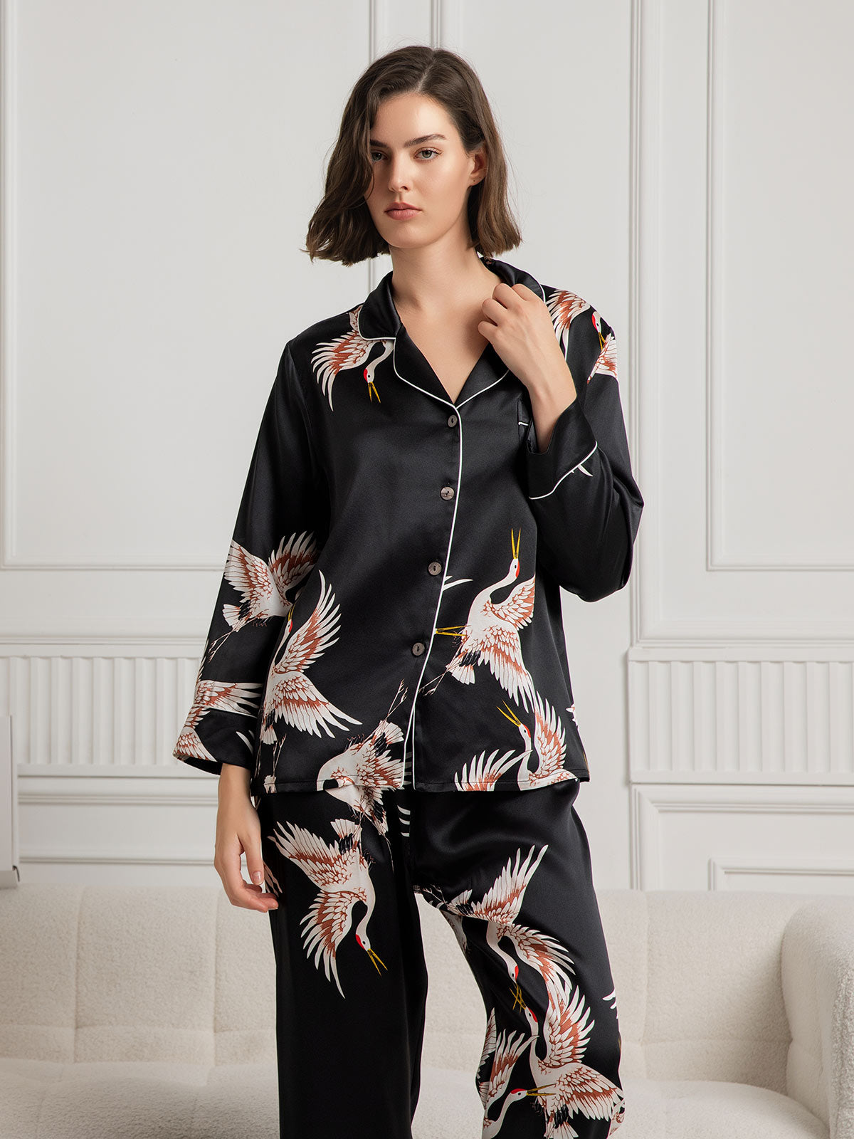 19Momme Women's Pure Silk Crane Print Long Sleeve Pajamas Set