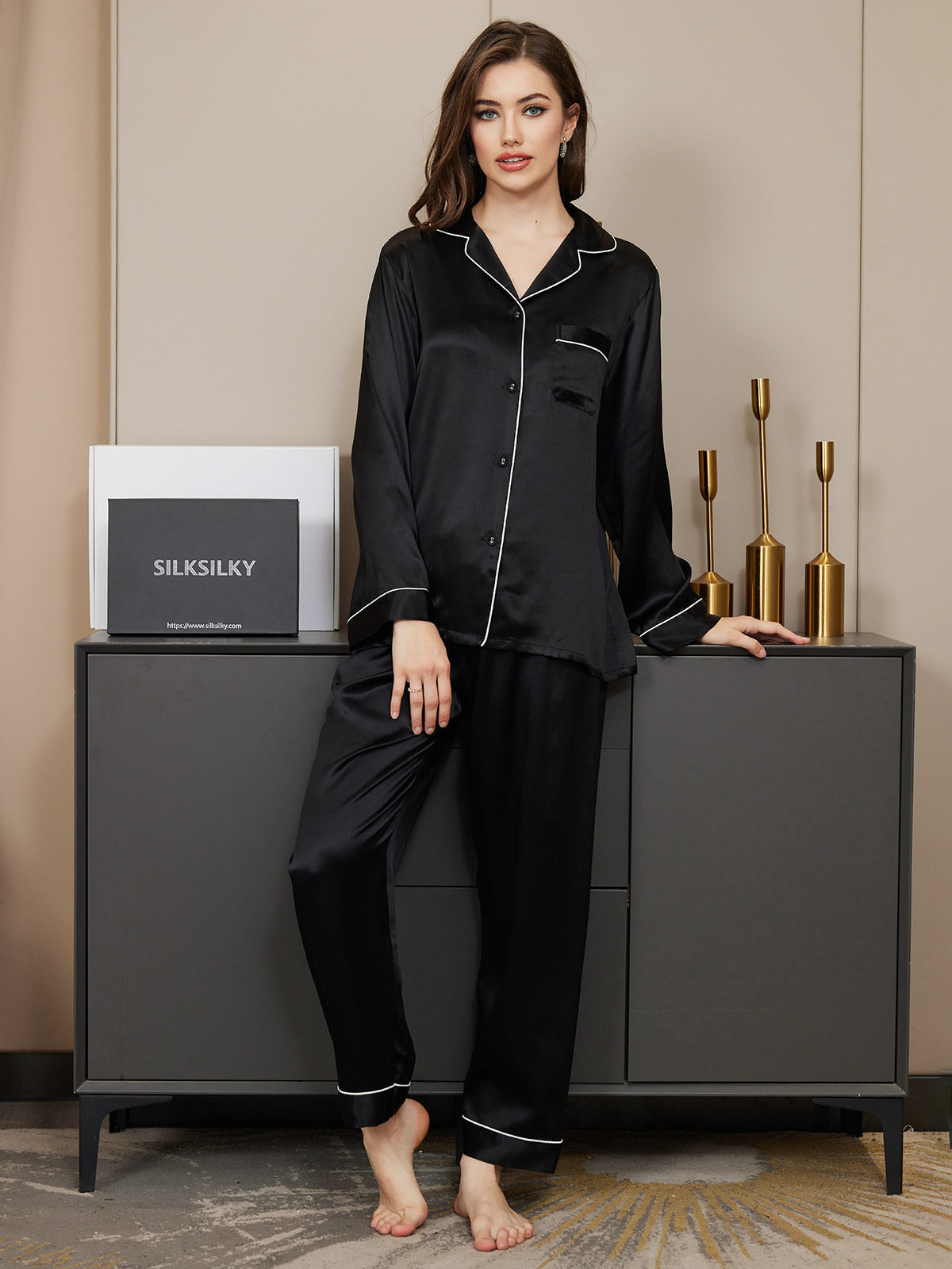 Women's Pure Silk Long Sleeve Button Up Pajamas Set