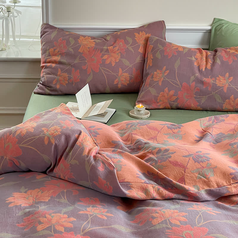 Pastoral Lotus Cotton Gauze Bedding Set(4PCS)