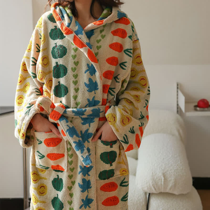 Colorful Vegetable Pattern Cotton Hooded Bathrobe