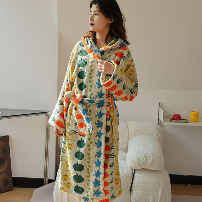 Colorful Vegetable Pattern Cotton Hooded Bathrobe