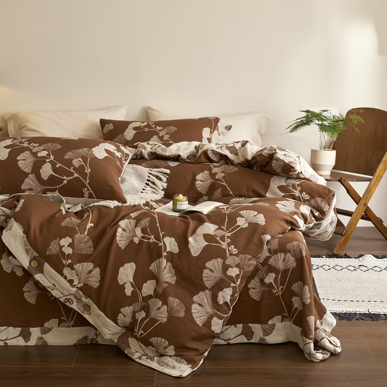 Ownkoti Button Ginkgo Leaf Cotton Gauze Bedding Set (4PCS) - image 19