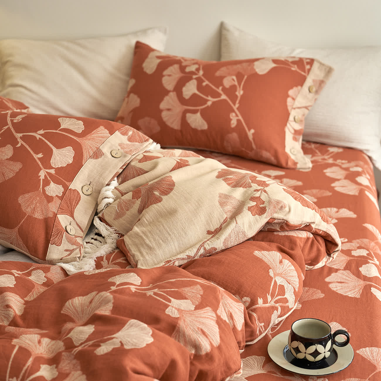Ownkoti Button Ginkgo Leaf Cotton Gauze Bedding Set (4PCS) - image 4