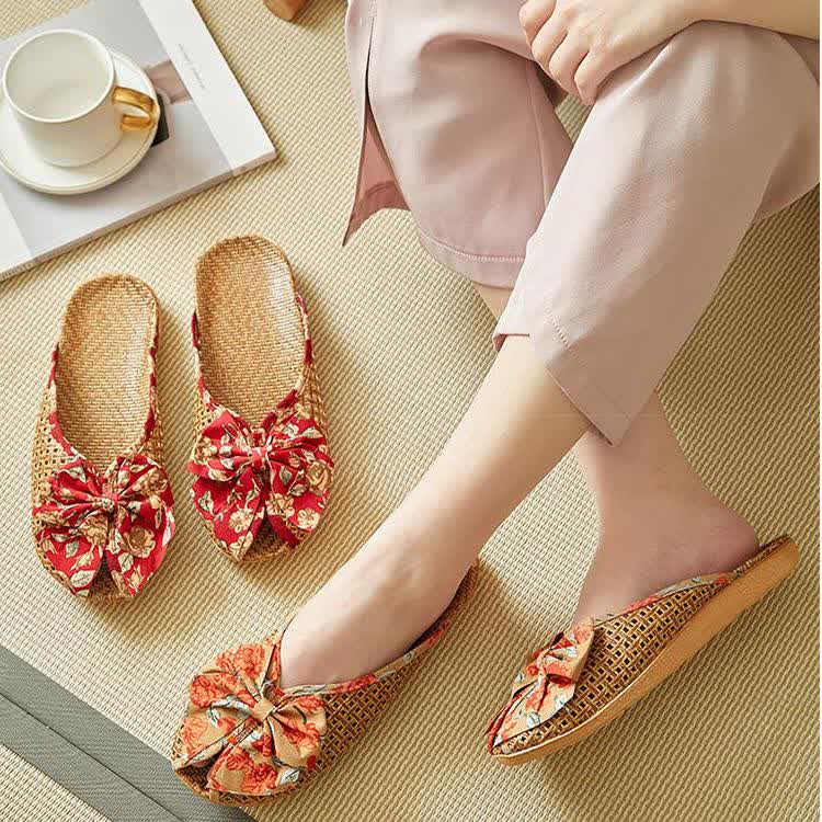 Rattan Woven Linen Bow-knot House Slippers