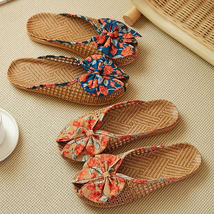 Rattan Woven Linen Bow-knot House Slippers