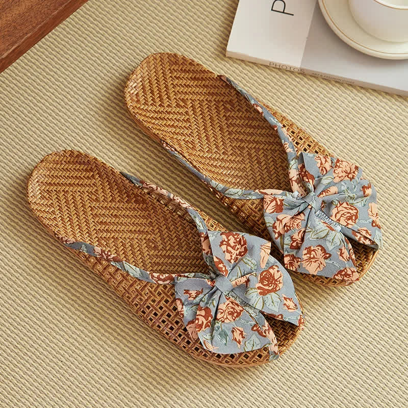 Rattan Woven Linen Bow-knot House Slippers