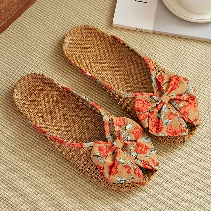 Rattan Woven Linen Bow-knot House Slippers