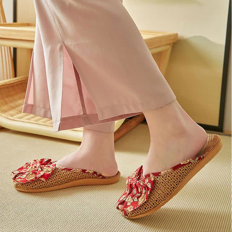 Rattan Woven Linen Bow-knot House Slippers
