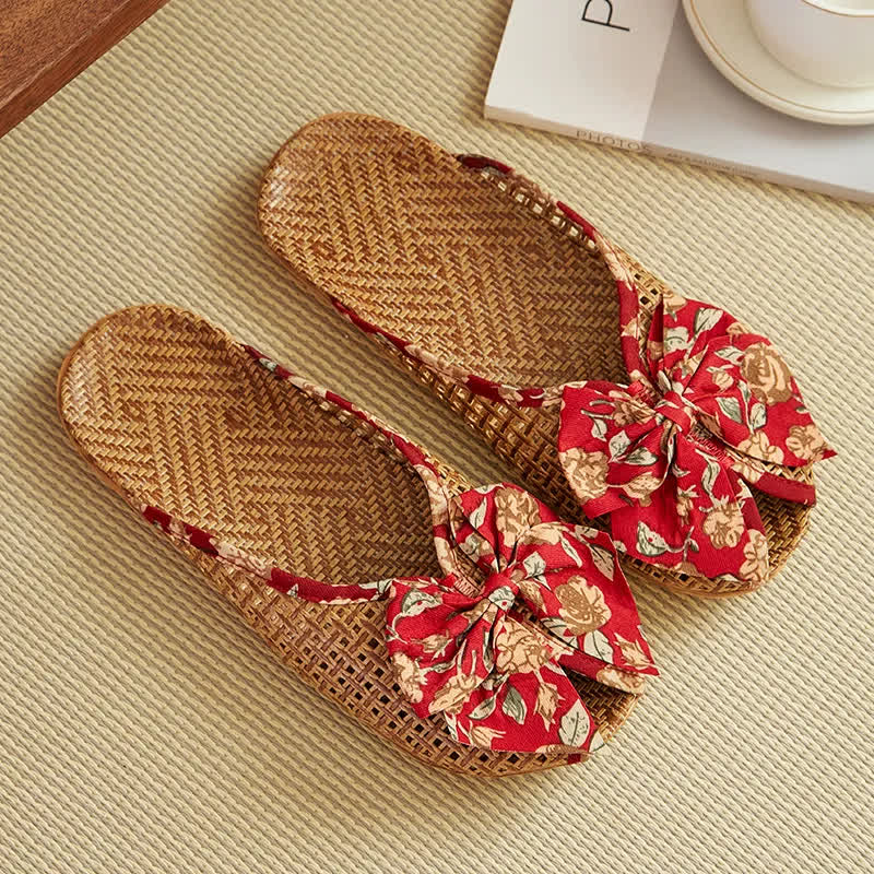 Rattan Woven Linen Bow-knot House Slippers