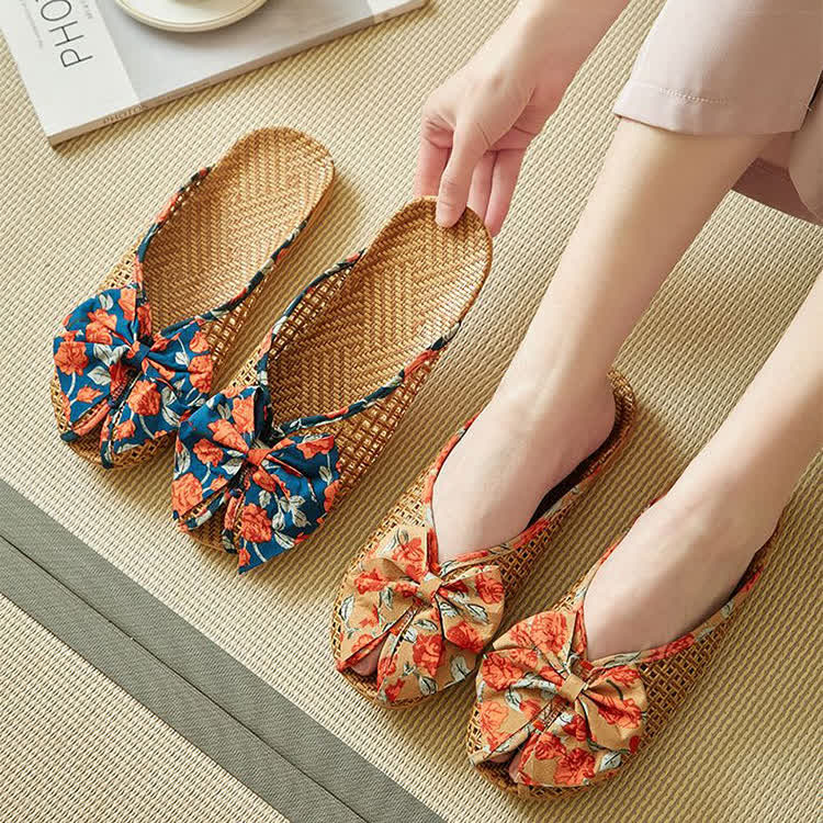 Rattan Woven Linen Bow-knot House Slippers