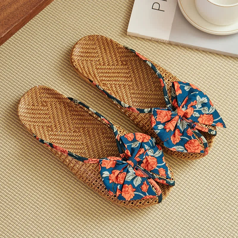 Rattan Woven Linen Bow-knot House Slippers