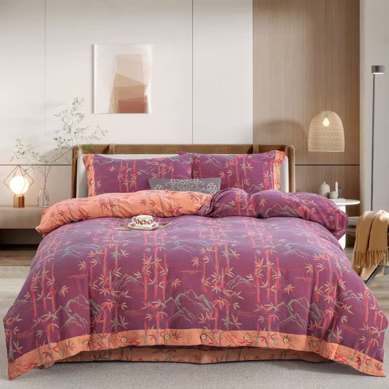 Ownkoti Bamboo Plant Cotton Gauze Reversible Bedding Set (4PCS)  - Purple - King - image 13