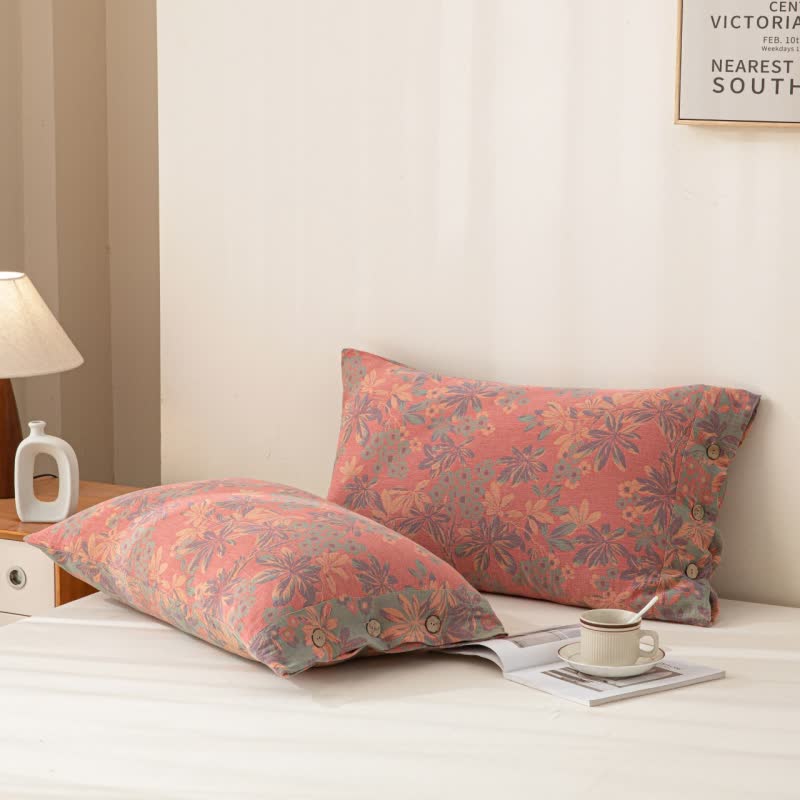 Reversible Jacquard Floral Button Cotton Bedding Set (4PCS)