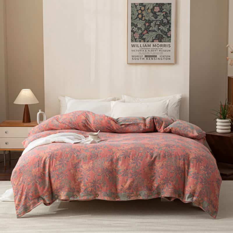 Reversible Jacquard Floral Button Cotton Bedding Set (4PCS)