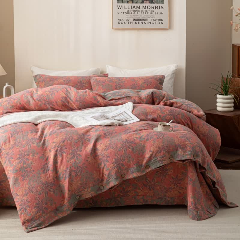 Reversible Jacquard Floral Button Cotton Bedding Set (4PCS)