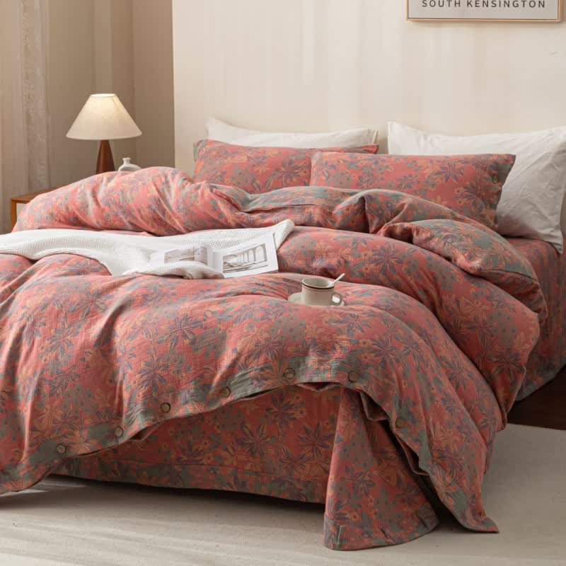 Reversible Jacquard Floral Button Cotton Bedding Set (4PCS)