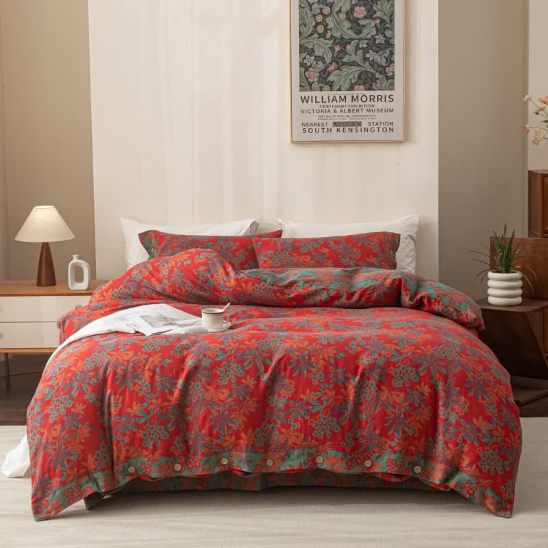 Reversible Jacquard Floral Button Cotton Bedding Set (4PCS)