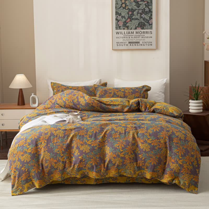 Reversible Jacquard Floral Button Cotton Bedding Set (4PCS)