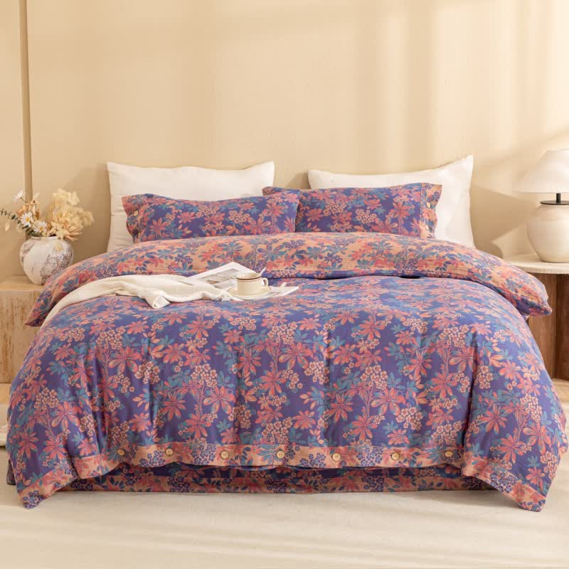 Reversible Jacquard Floral Button Cotton Bedding Set (4PCS)