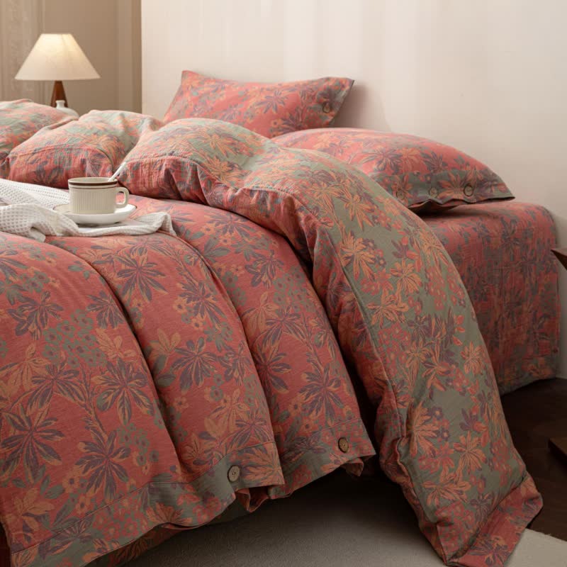 Reversible Jacquard Floral Button Cotton Bedding Set (4PCS)