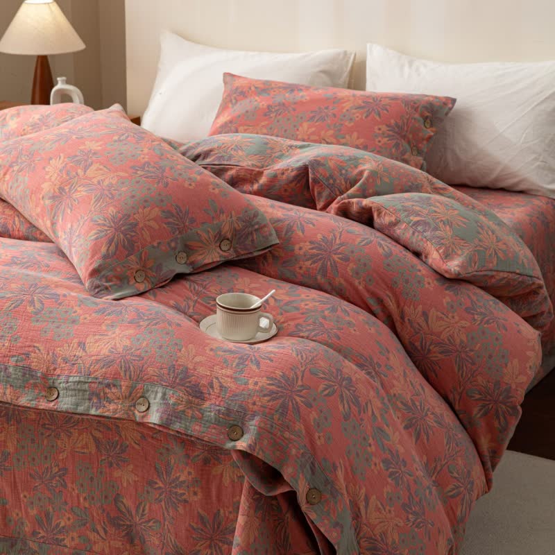 Reversible Jacquard Floral Button Cotton Bedding Set (4PCS)