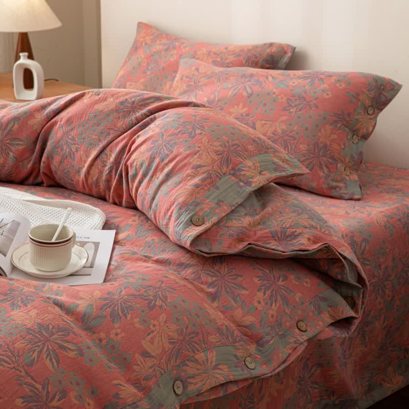 Reversible Jacquard Floral Button Cotton Bedding Set (4PCS)