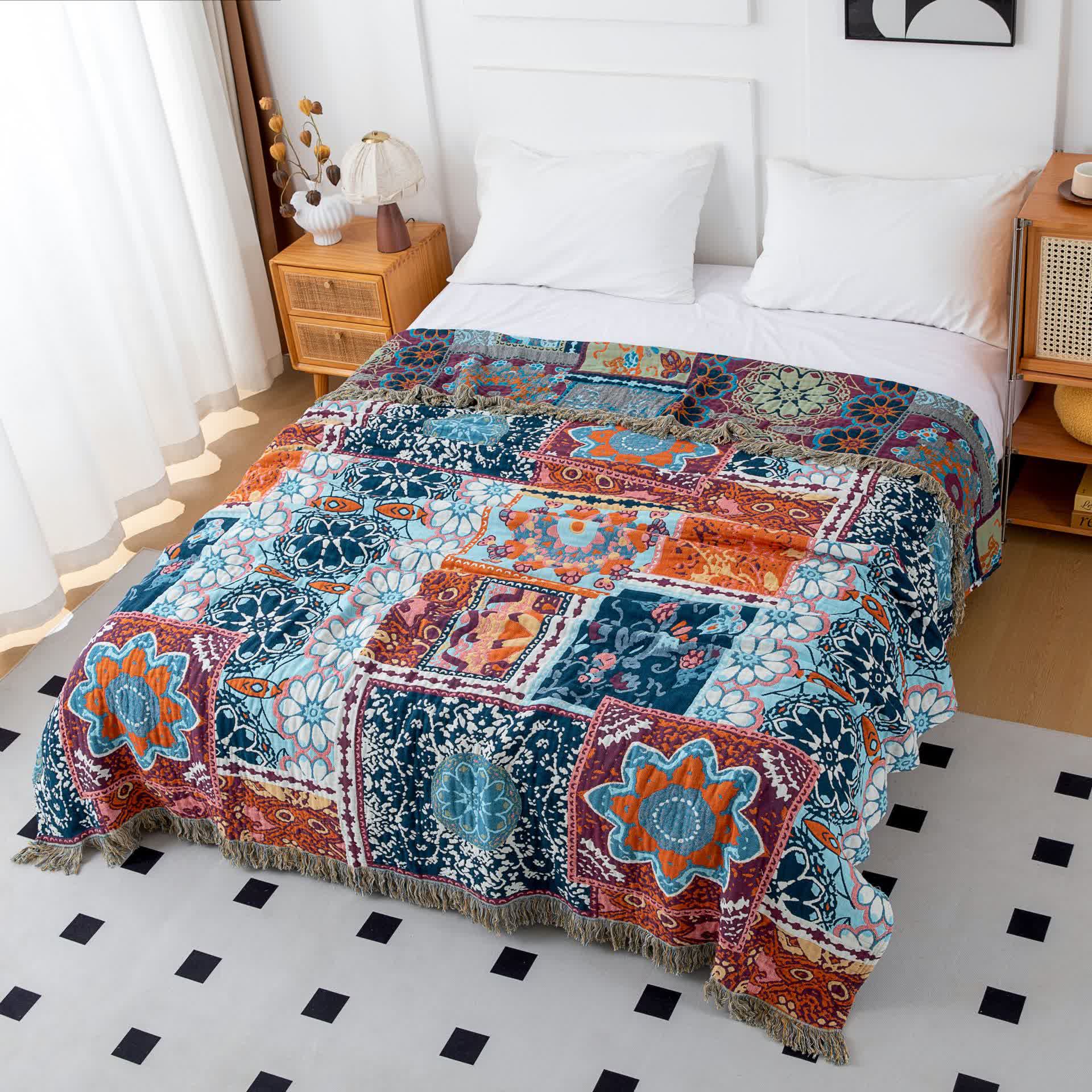 Boho Blue Floral Cotton Reversible Tassel Quilt