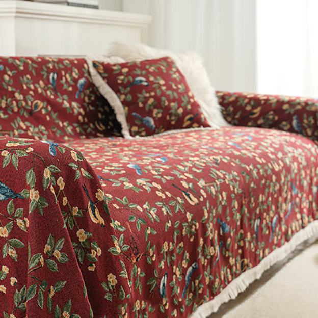 Tassel Floral Bird Soft Sofa Protector