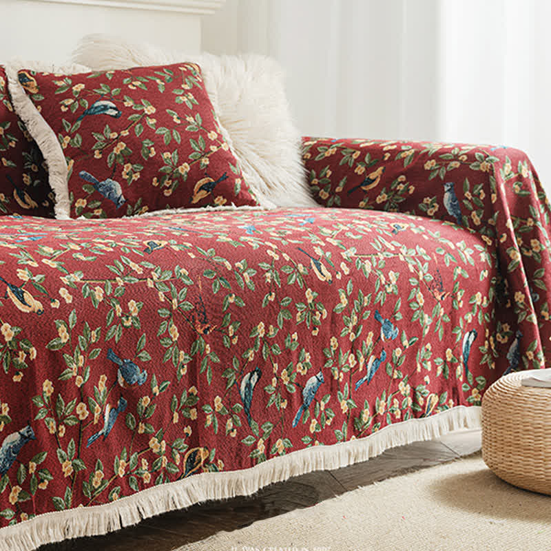 Tassel Floral Bird Soft Sofa Protector