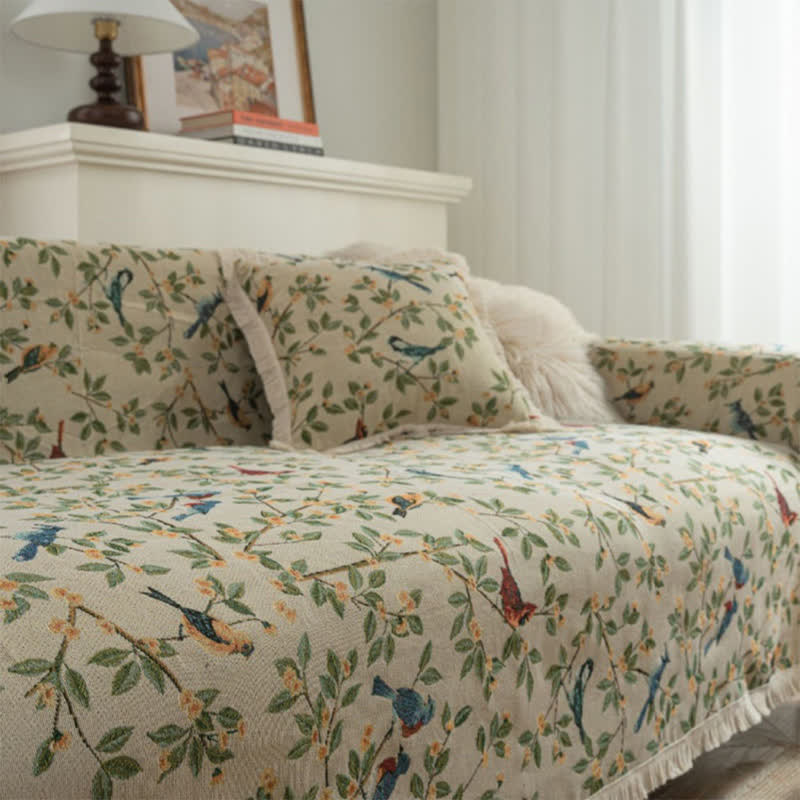 Tassel Floral Bird Soft Sofa Protector