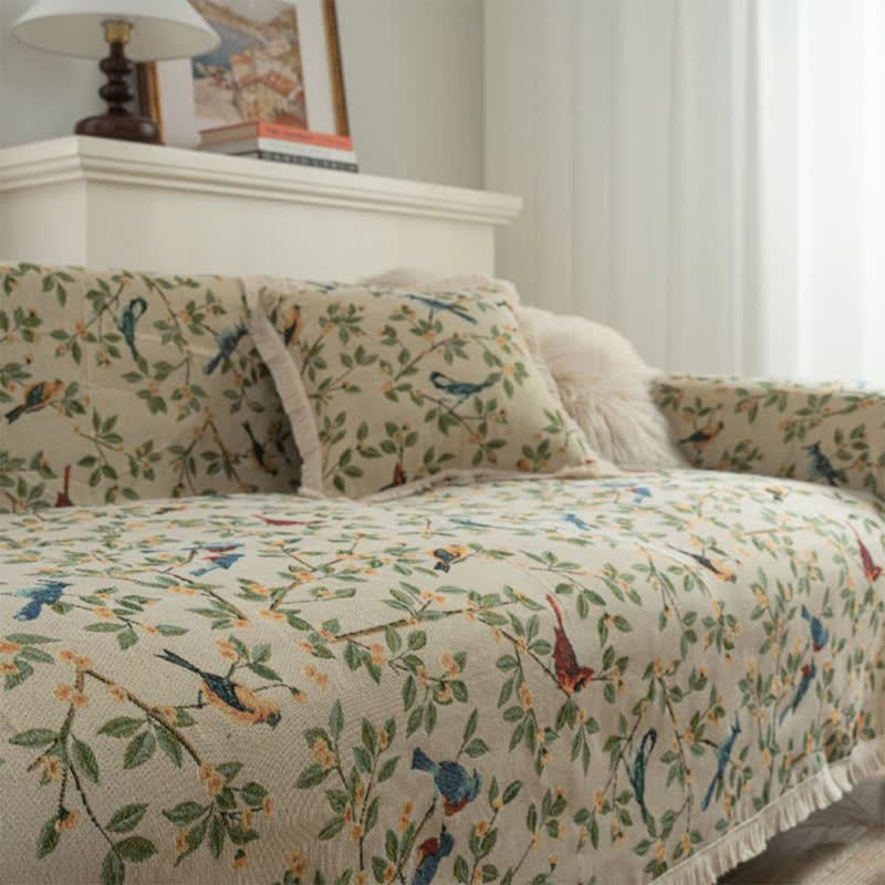 Tassel Floral Bird Soft Sofa Protector