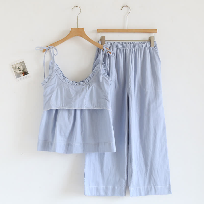 Solid Color Ruffle Cotton Camisole Pajamas