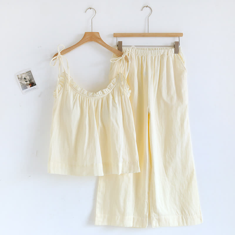 Solid Color Ruffle Cotton Camisole Pajamas