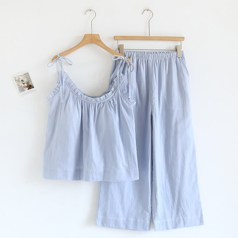 Solid Color Ruffle Cotton Camisole Pajamas