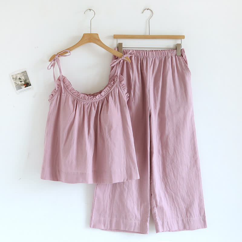 Solid Color Ruffle Cotton Camisole Pajamas