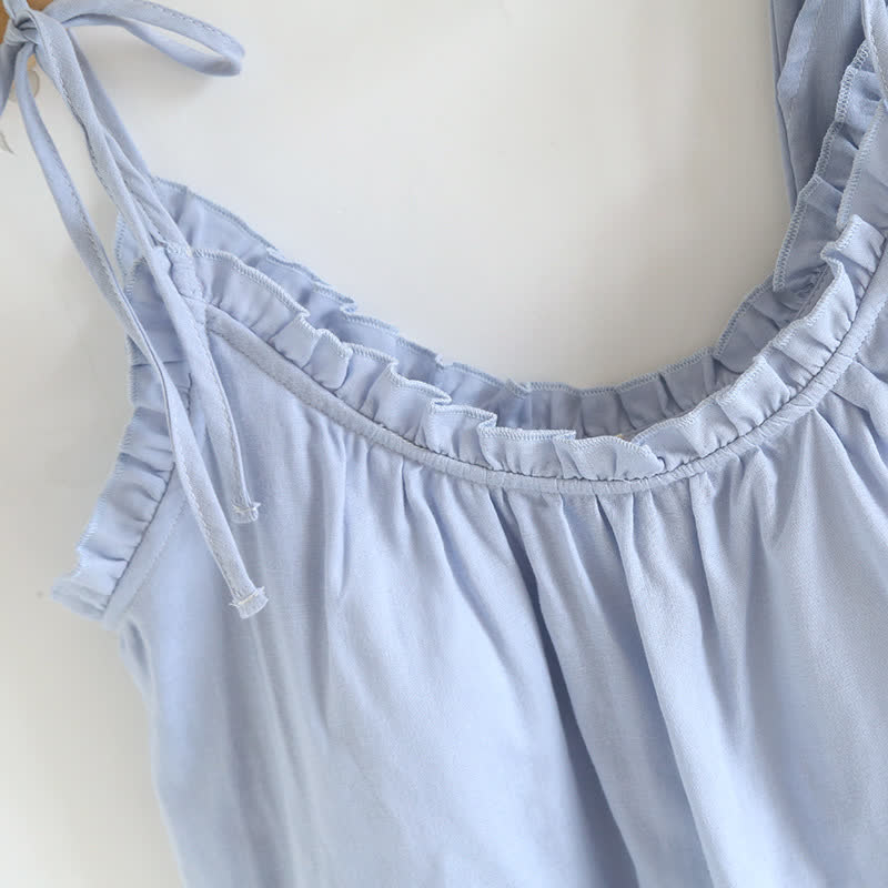 Solid Color Ruffle Cotton Camisole Pajamas