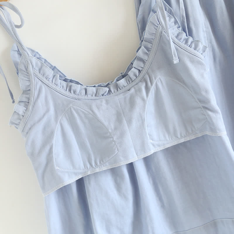 Solid Color Ruffle Cotton Camisole Pajamas