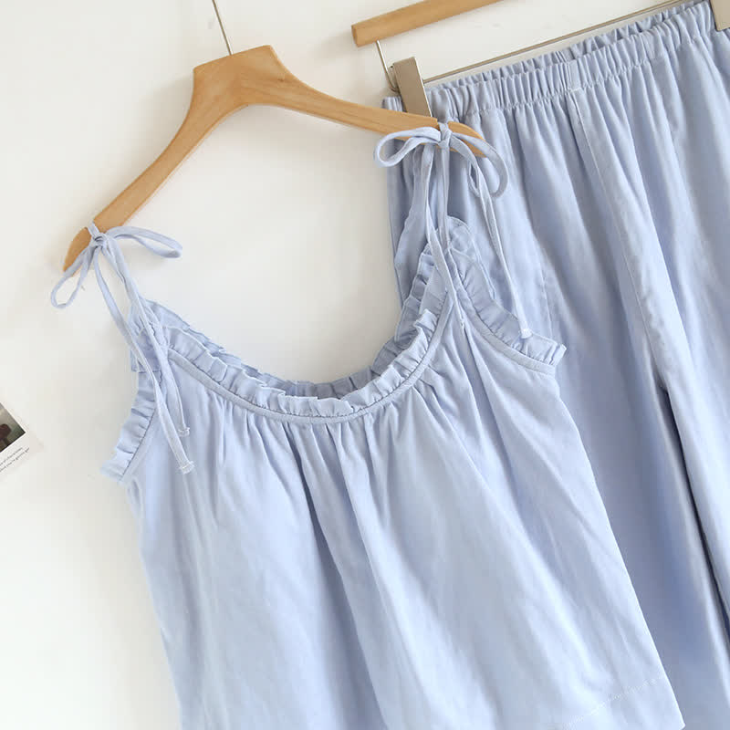 Solid Color Ruffle Cotton Camisole Pajamas