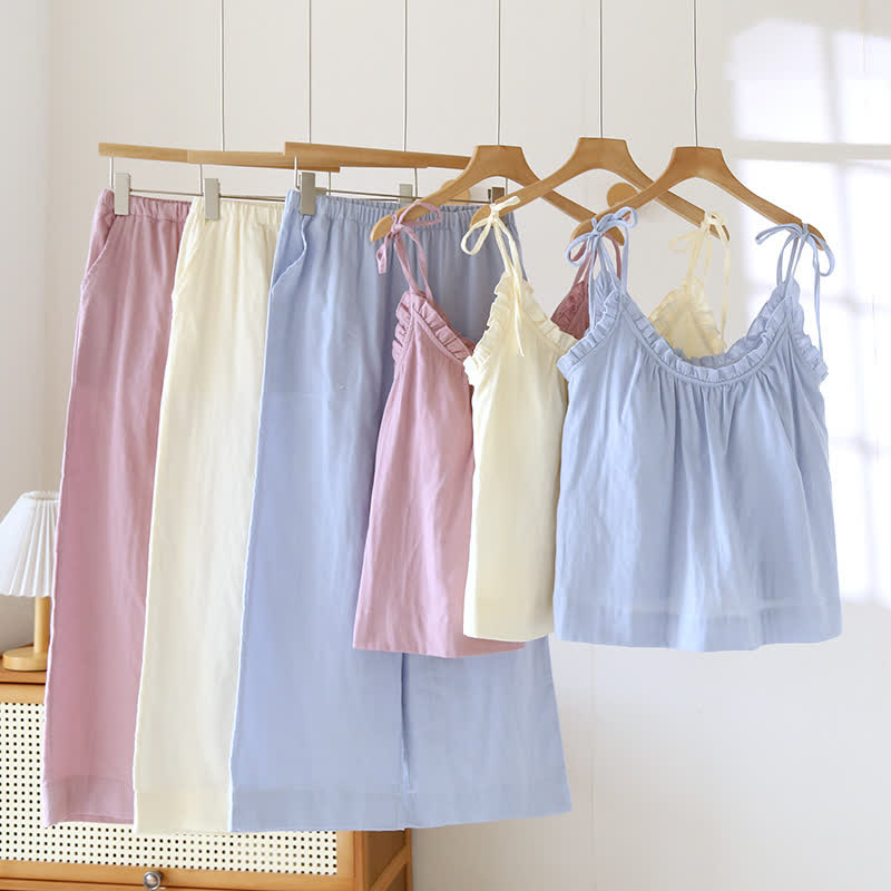 Solid Color Ruffle Cotton Camisole Pajamas