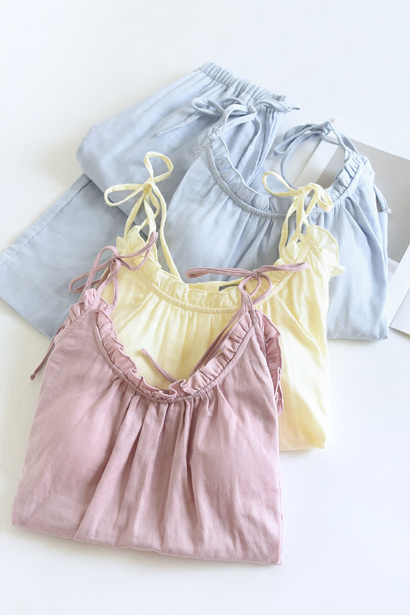 Solid Color Ruffle Cotton Camisole Pajamas