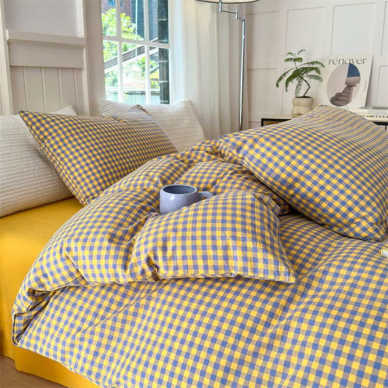 Cotton Plaid Duvet Cover Dorm Bedding Set