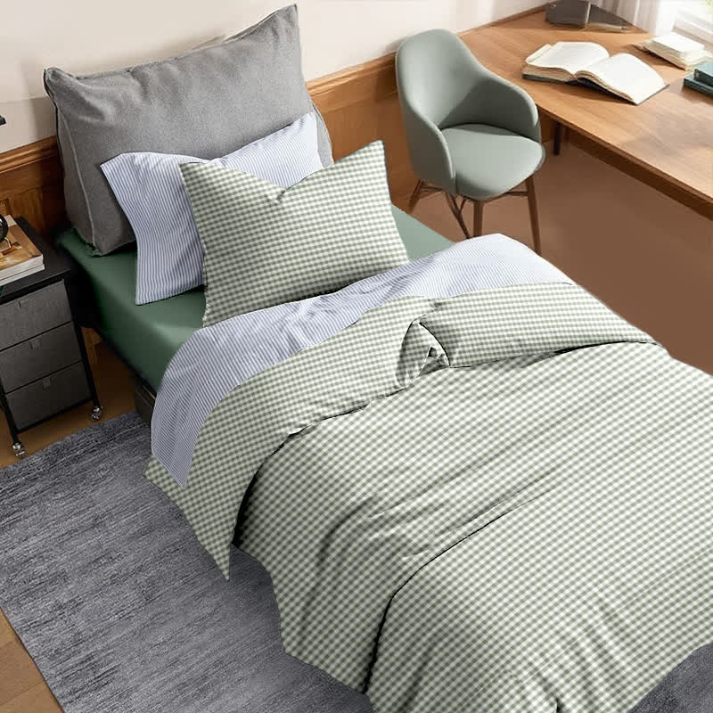 Cotton Plaid Duvet Cover Dorm Bedding Set