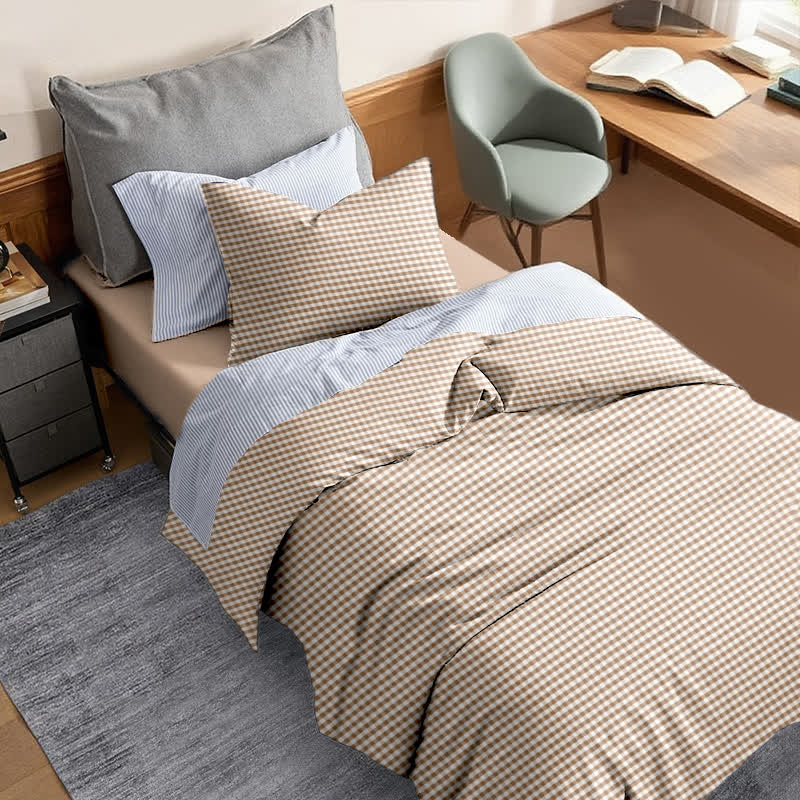 Cotton Plaid Duvet Cover Dorm Bedding Set