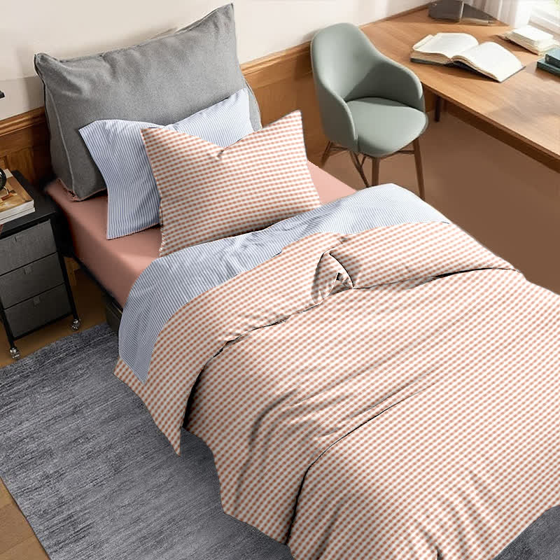 Cotton Plaid Duvet Cover Dorm Bedding Set