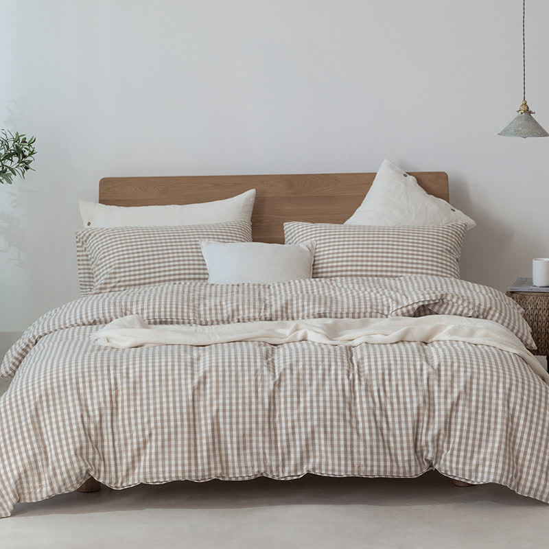 Cotton Plaid Duvet Cover Dorm Bedding Set