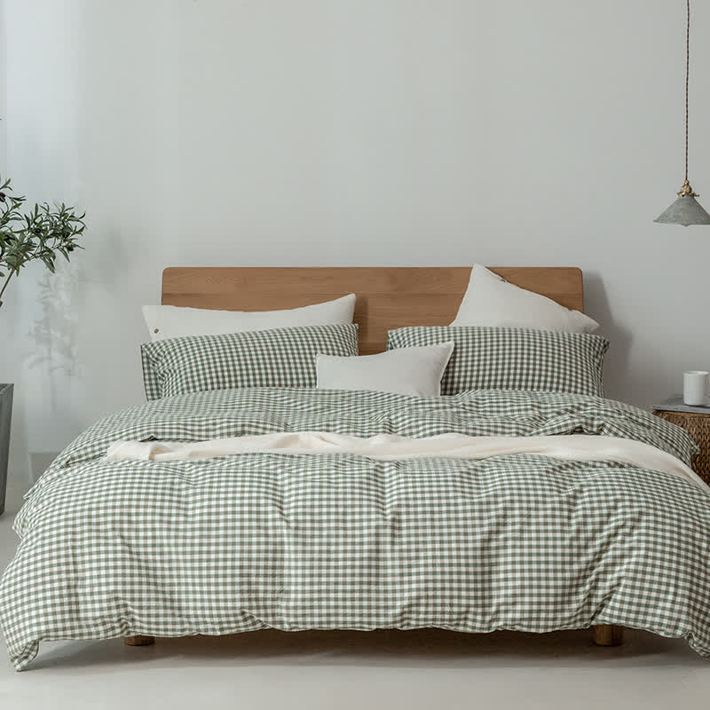 Cotton Plaid Duvet Cover Dorm Bedding Set